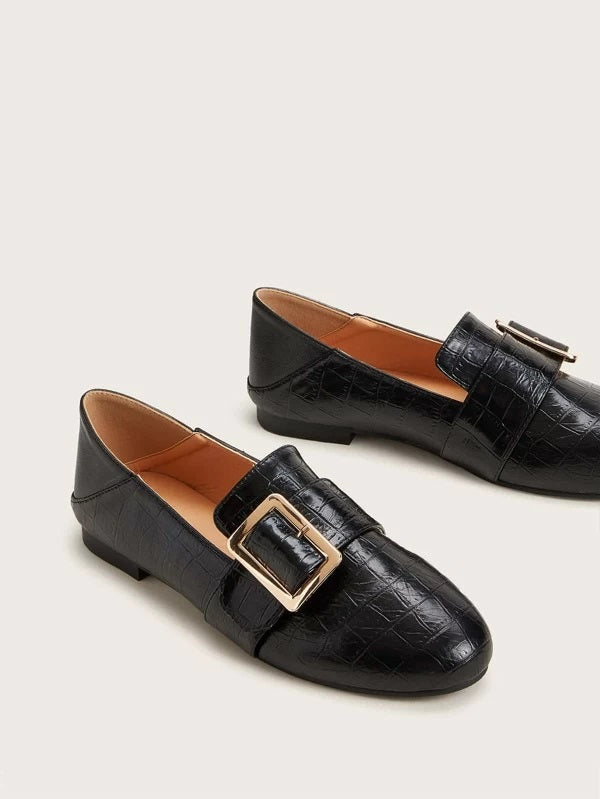 CM-SHS104629 Women Elegant Seoul Style Buckle Decor Croc Embossed Flat Loafers - Black