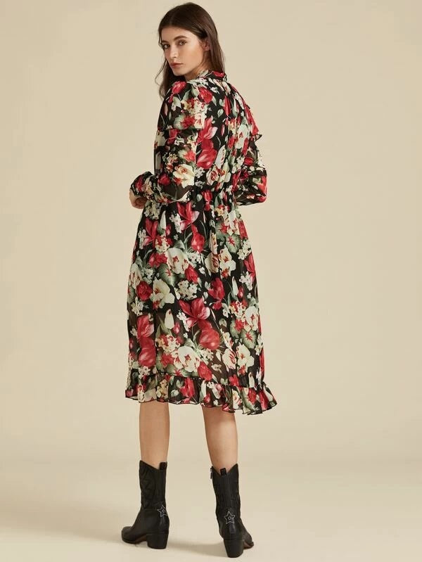 CM-DS926305 Women Trendy Bohemian Style Long Sleeve Tie Neck Ruched Sleeve Floral Print Ruffle Dress