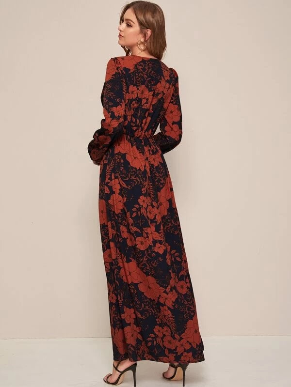 CM-DS022302 Women Elegant Seoul Style Floral Print Bishop Sleeve High Waist Maxi Shirt Dress