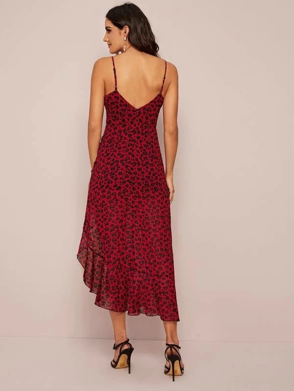 CM-DS022095 Women Elegant Seoul Style Leopard Print Ruffle Asymmetric Hem Cami Dress - Red