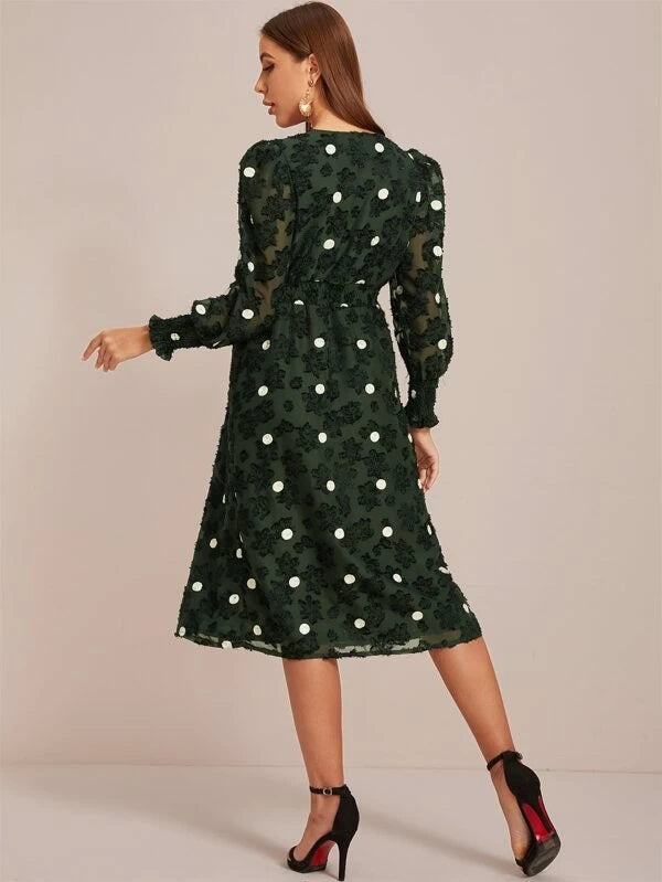 CM-DS105058 Women Elegant Seoul Style Long Sleeve Button Through Polka Dot Dress - Green