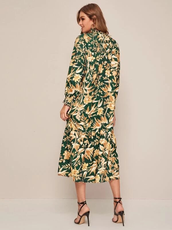 CM-DS106262 Women Casual Seoul Style Long Sleeve Floral Print Shirred Frill Ruffle Hem Dress