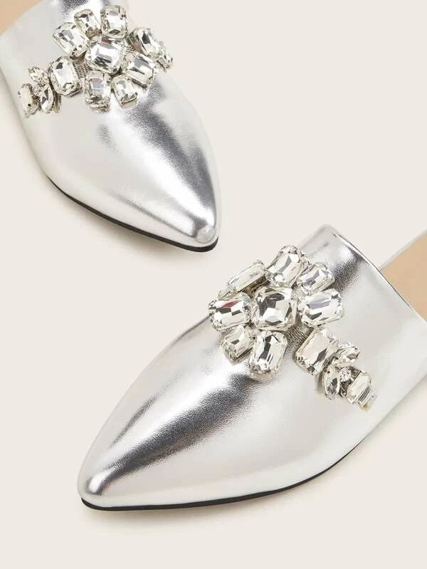 CM-SHS106410 Women Elegant Seoul Style Jewelled Decor Point Toe Flat Mules - Silver