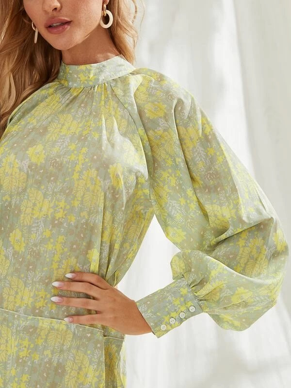 CM-DS107866 Women Elegant Seoul Style Mock Neck Floral Print Raglan Sleeve Dress - Green