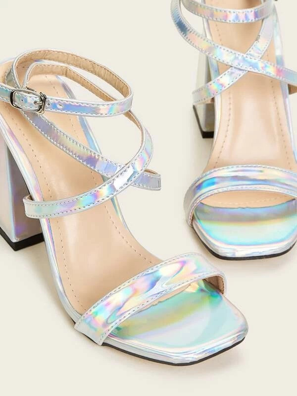 CM-SHS107425 Women Elegant Seoul Style Holographic Cross Strap Chunky Heels - Silver