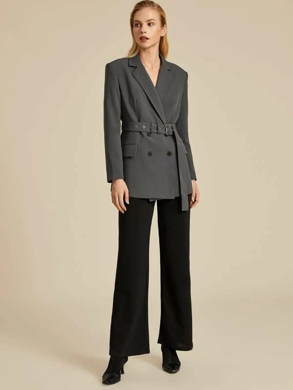 CM-CS029855 Women Elegant European Style Double Button Adjustable Belt Longline Blazer - Gray
