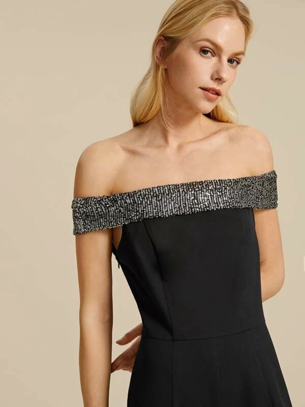 CM-JS014715 Women Elegant Seoul Style Off The Shoulder Sequin Panel Jumpsuit - Black