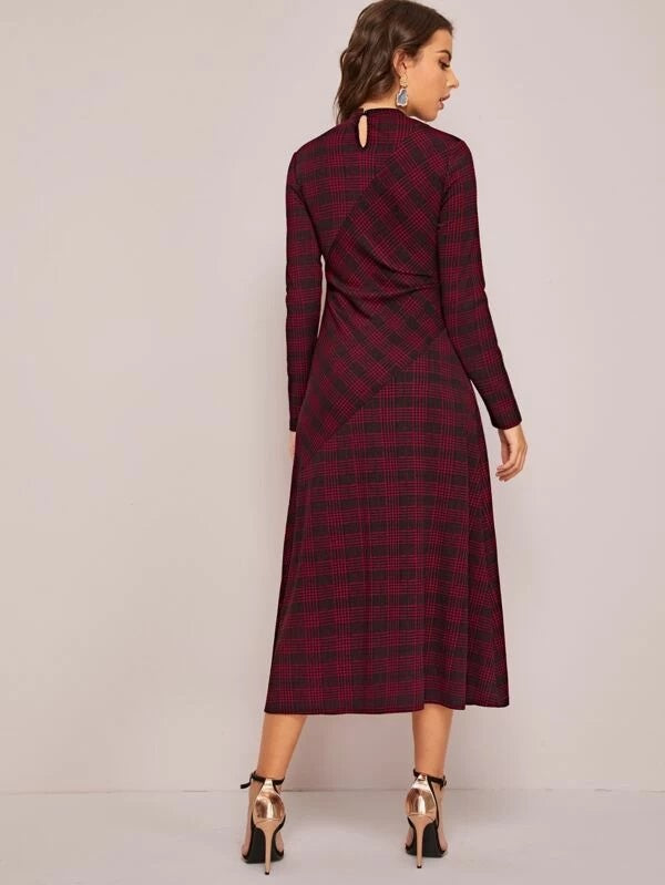 CM-DS008160 Women Casual Seoul Style Long Sleeve Mock-Neck Spliced Plaid Dress - Wine Red