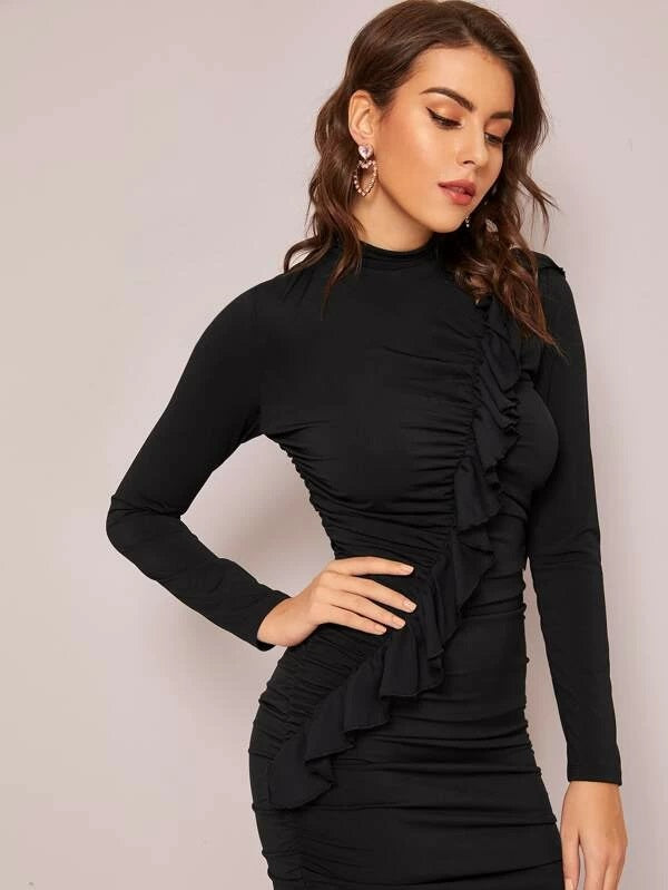 CM-DS030210 Women Casual Seoul Style Cutout Detail Ruffle Trim Ruched Pencil Dress - Black