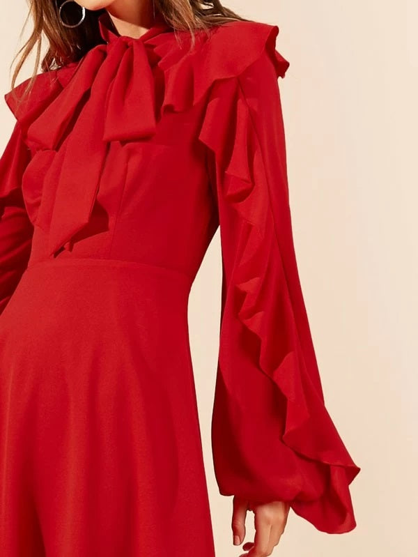 CM-DS916884 Women Elegant Seoul Style Tie Neck Ruffle Trim Balloon Sleeve Dress - Red