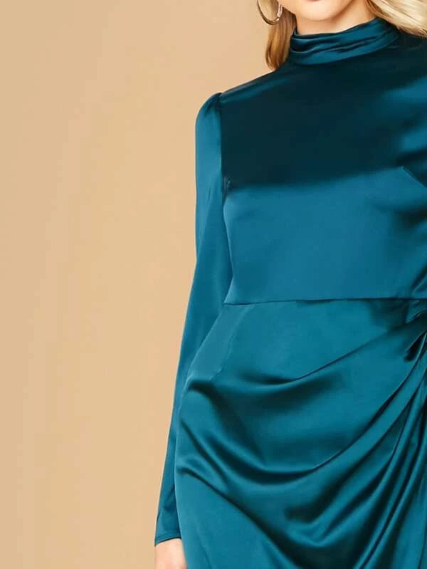 CM-DS009177 Women Elegant Seoul Style Long Sleeve Mock-Neck Wrap Hem Satin Dress - Green