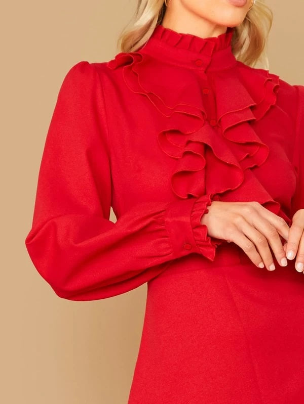 CM-DS017893 Women Elegant Seoul Style Frilled Neck Bishop Sleeve Ruffle Trim Dress - Red