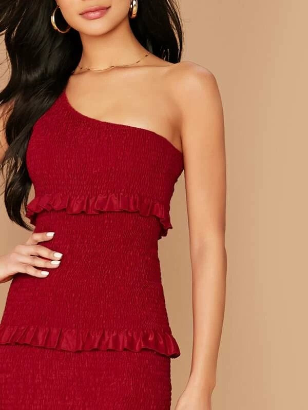 CM-DS018351 Women Elegant Seoul Style One Shoulder Frill Trim Shirred Bodycon Dress - Red