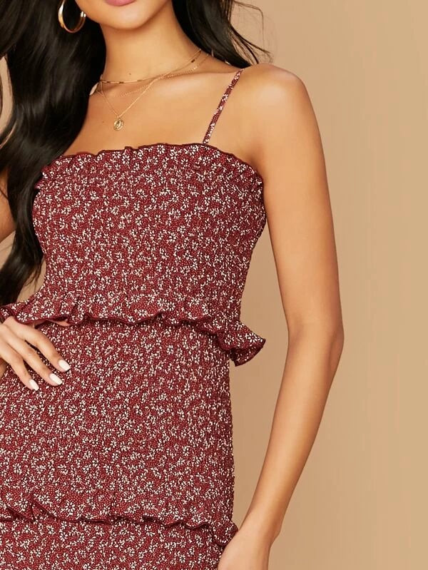 CM-DS018586 Women Casual Seoul Style Layered Frill Trim Shirred Ditsy Floral Print Cami Dress - Wine Red