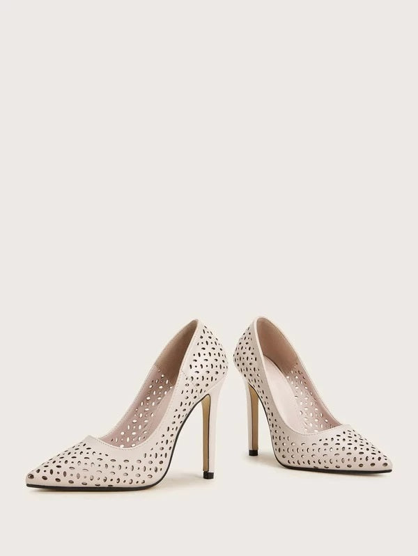 CM-SHS109377 Women Elegant Seoul Style Point Toe Hollow Out Stiletto Heels - Beige
