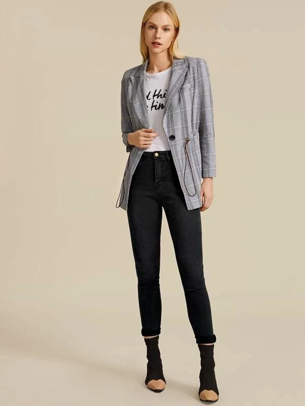 CM-CS017656 Women Elegant Seoul Style Lapel Collar Drawstring Waist Contrast Elbow Patch Plaid Blazer