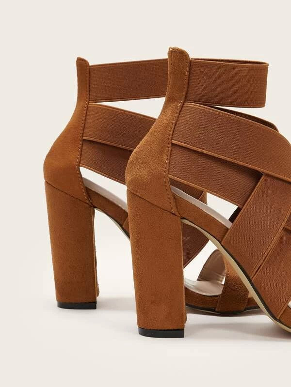 CM-SHS111991 Women Elegant Seoul Style Open Toe Cross Strap Chunky Heels - Brown