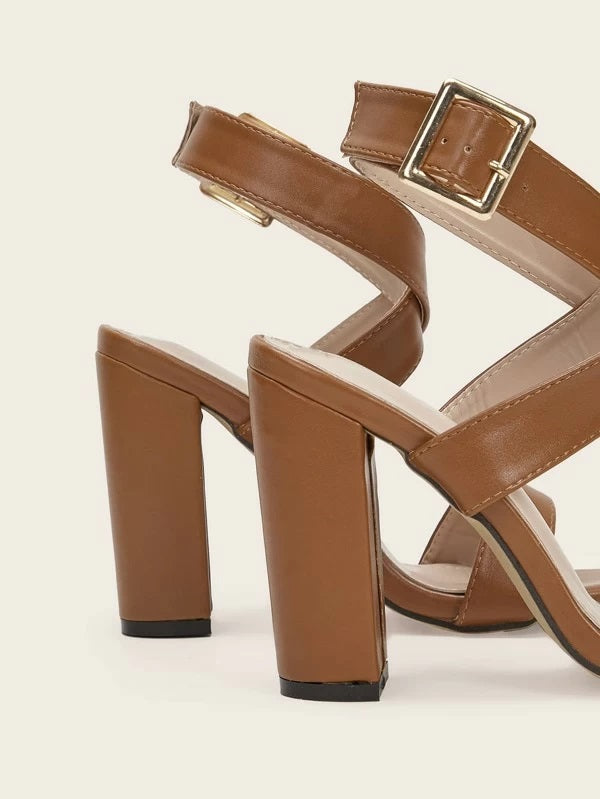 CM-SHS108234 Women Elegant Seoul Style Cross Buckle Strap Chunky Heels - Brown