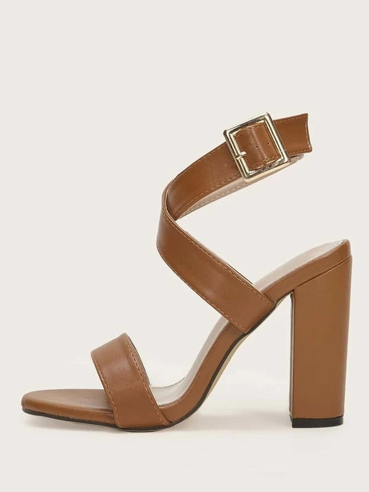 CM-SHS108234 Women Elegant Seoul Style Cross Buckle Strap Chunky Heels - Brown