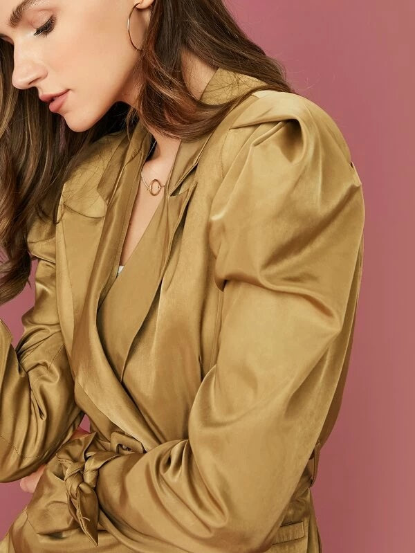 CM-CS017245 Women Elegant Seoul Style Notched Collar Long Sleeve Knot Cuff Belted Silky Blazer