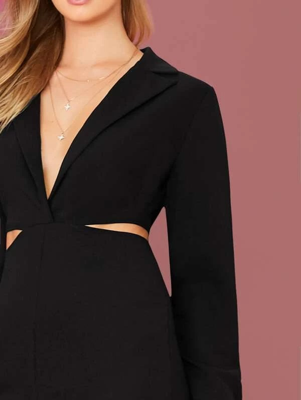 CM-JS028280 Women Casual Seoul Style Plunging Neck Cutout Detail Flare Leg Blazer Jumpsuit - Black