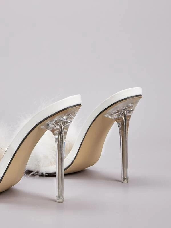 CM-SHS113932 Women Elegant Seoul Style Faux Fur Decor Stiletto Heels - White