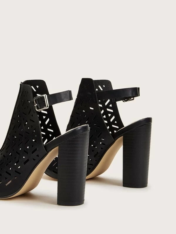 CM-SHS114717 Women Elegant Seoul Style Peep Toe Hollow Out Chunky Heels - Black