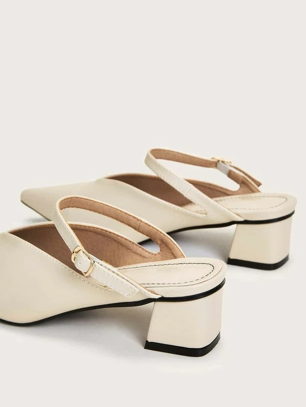 CM-SHS115801 Women Trendy Seoul Style Point Toe Buckle Strap Chunky Heeled Mules - Beige
