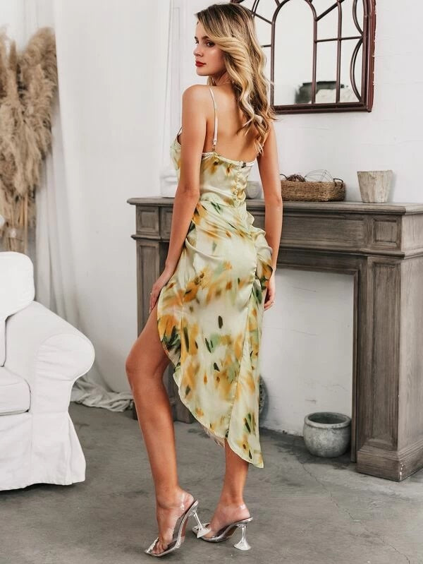 CM-DS115573 Women Elegant Seoul Style Tie Dye Split Hem Ruched Cami Midi Dress