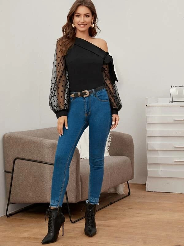 CM-TS031761 Women Casual Seoul Style Knot Asymmetrical Neck Dot Mesh Sleeve Top - Black