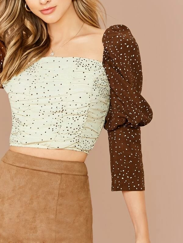 CM-TS101363 Women Elegant Seoul Style Allover Print Shirred Back Gigot Sleeve Ruched Crop Top