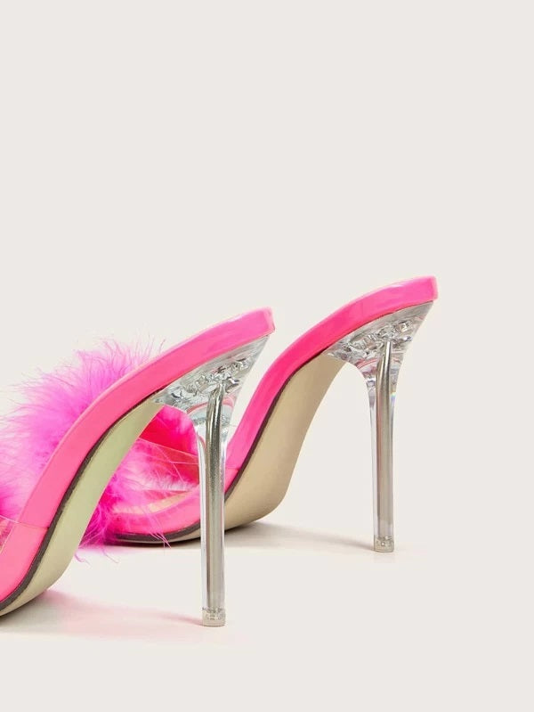 CM-SHS118682 Women Elegant Seoul Style Faux Fur Decor Stiletto Heeled Mules - Pink