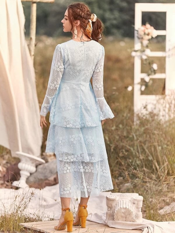 CM-DS120594 Women Elegant European Style Lace Flounce Sleeve Tiered Layer Dress - Blue