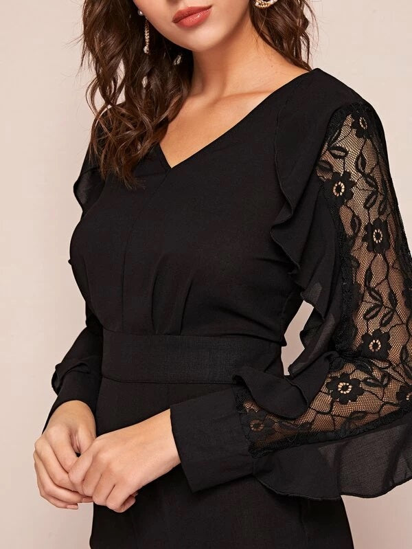 CM-JS120264 Women Casual Seoul Style Long Sleeve Lace Panel Ruffle Trim Flare Leg Jumpsuit - Black