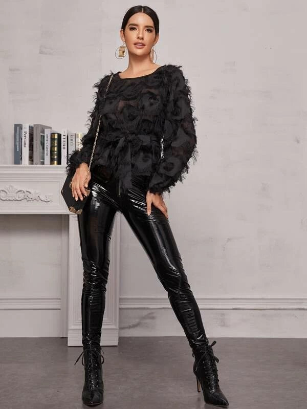 CM-TS121266 Women Elegant Seoul Style Frayed Detail Belted Sheer Blouse - Black