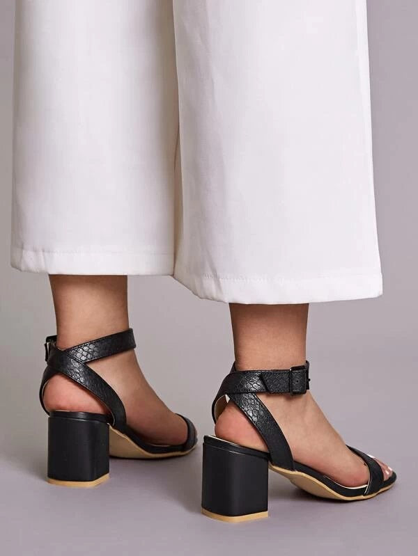 CM-SHS121320 Women Trendy Seoul Style Snakeskin Print Ankle Strap Chunky Heels - Black