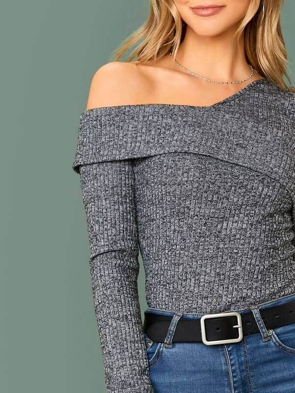CM-TS104376 Women Casual Seoul Style Foldover Asymmetrical Neck Rib-Knit Marled Top