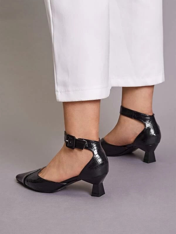 CM-SHS107095 Women Casual Seoul Style Point Toe Croc Ankle Strap Heels - Black