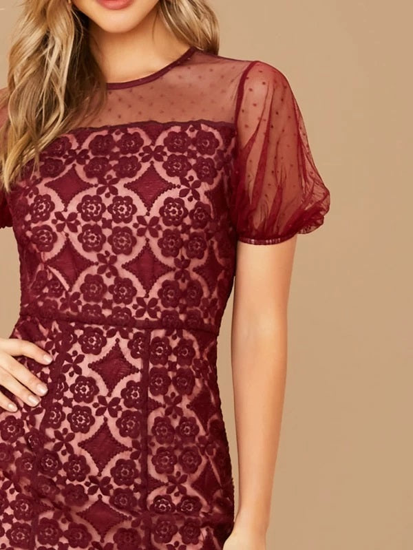 CM-DS024402 Women Elegant Seoul Style Puff Sleeve Mesh Yoke Lace Fishtail Dress - Wine Red