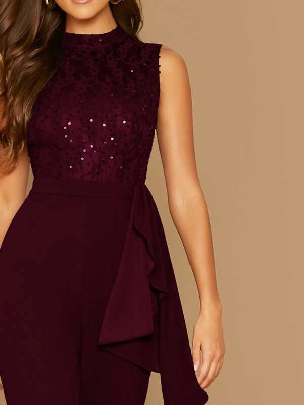 CM-JS106012 Women Elegant Seoul Style Sleeveless Sequin Lace Bodice Ruffle Trim Jumpsuit - Wine Red