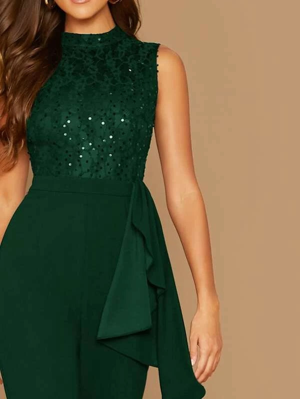 CM-JS106082 Women Elegant Seoul Style Sleeveless Sequin Lace Bodice Ruffle Trim Jumpsuit - Green