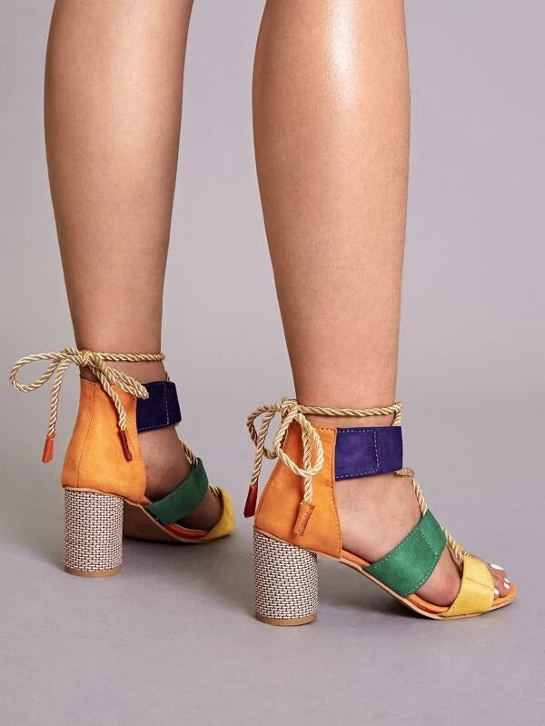 CM-SHS122684 Women Trendy Seoul Style Multi-Color Lace-Up Back Chunky Heels
