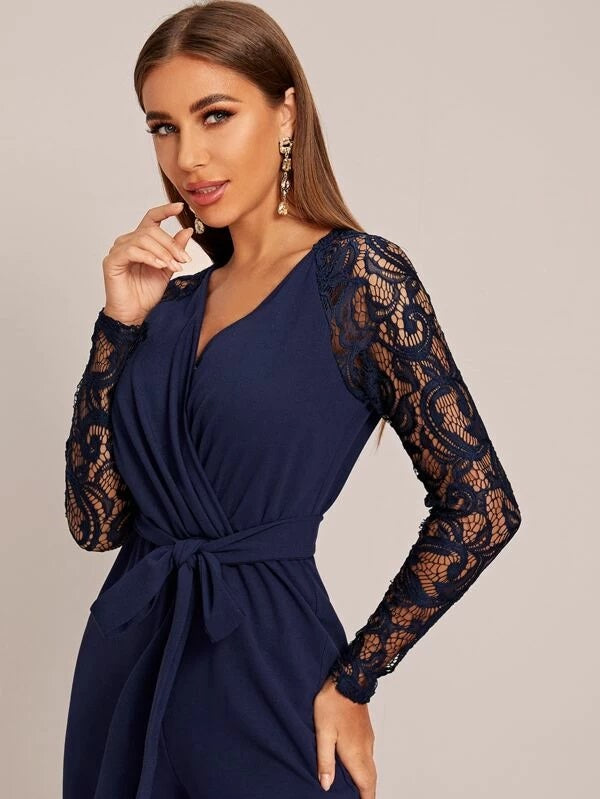 CM-JS119391 Women Casual Seoul Style Surplice Neck Self Belted Lace Sleeve Jumpsuit - Navy Blue