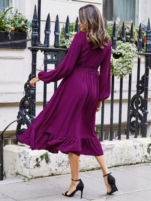 CM-DS917073 Women Elegant Seoul Style Lantern Sleeve Lace Detail Ruffle Hem Flare Dress - Purple