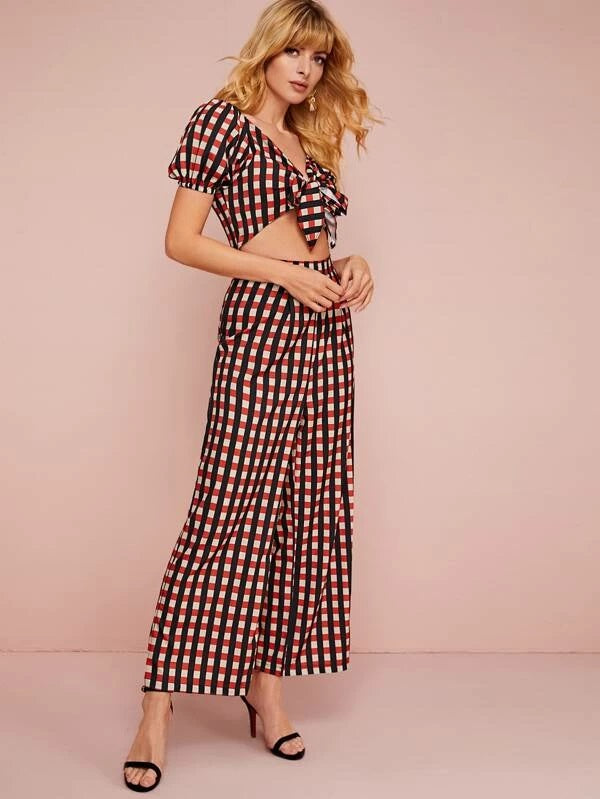 CM-JS123503 Women Trendy Bohemian Style Short Sleeve Tie Front Plaid Wide Leg Jumpsuit