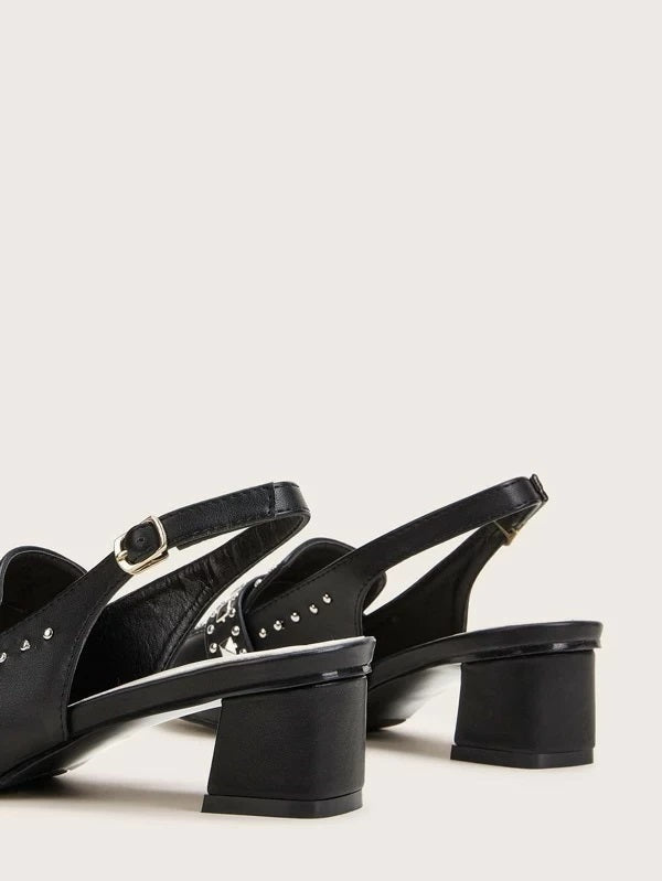 CM-SHS125359 Women Elegant Seoul Style Point Toe Studded Decor Chunky Heels - Black