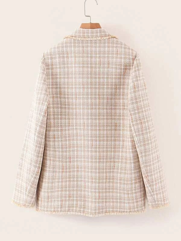 CM-CS125639 Women Elegant European Style Double Breasted Pocket Plaid Tweed Blazer - Khaki