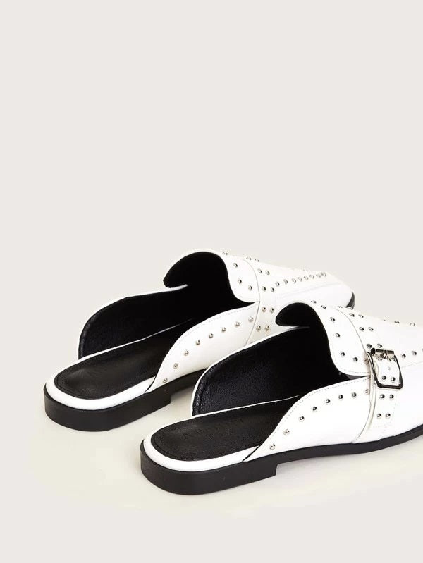 CM-SHS126419 Women Elegant Seoul Style Buckle And Studded Square Toe Flat Mules