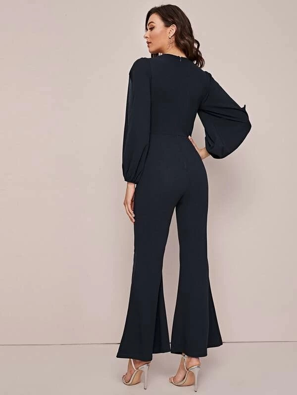 CM-JS118477 Women Elegant Seoul Style Sweetheart Neck Split Sleeve Flare Leg Bustier Jumpsuit - Navy Blue
