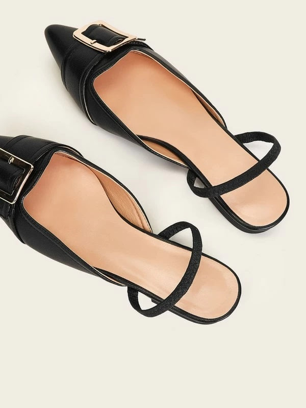CM-SHS126602 Women Casual Seoul Style Point Toe Buckle Decor Slingback Flats - Black